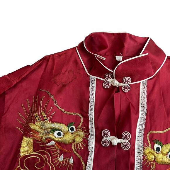 Vintage 70s Chinese Satin Dragon Embroidered Jacket Red Mandarin Collar Small - Picture 4 of 7